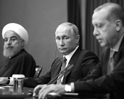 Президент Ирана Хасан Роухани, президент России Владимир Путин и президент Турции Реджеп Тайип Эрдоган на переговорах по Сирии в Сочи (фото: Kremlin Pool/Global Look Press)