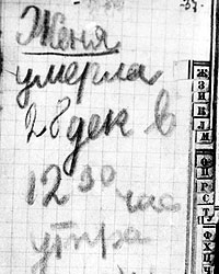 Девять страниц, на которых 12-летняя девочка записывала имена своих родных и время их смерти. (Фото: ИТАР-ТАСС)
