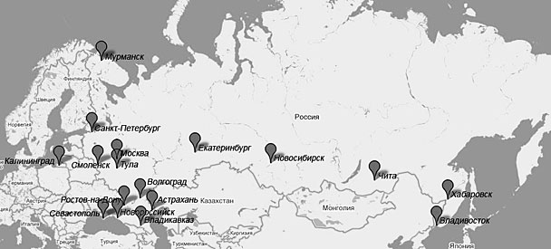 Города, в которых пройдет общероссийский парад (нажмите, чтобы увеличить)