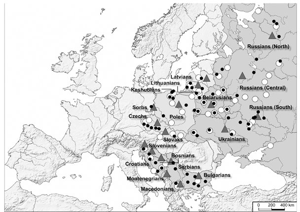 Карта изученных балто-славянских популяций. Зеленым фоном показаны восточные славяне, розовым – западные славяне, бежевым – южные славяне, голубым – балтские популяции. Значки обозначают местоположение популяций, в которых собраны образцы: проанализированные по мтДНК (белые кружки), проанализированные по Y-хромосоме (черные точки), проанализированные по аутосомным маркерам (красные треугольники)