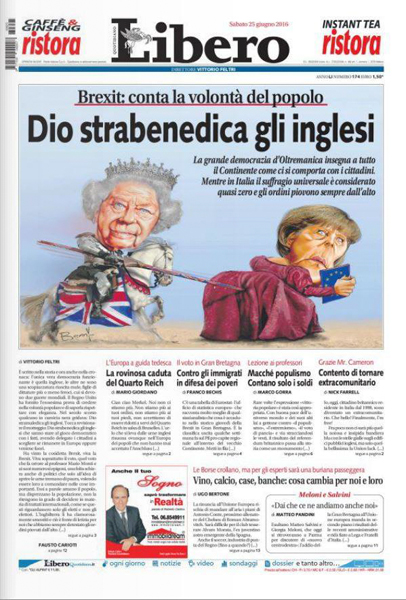 Libero смеется над аллегорией Евросоюза в лице канцлера Германии Ангелы Меркель, в которую тычет копьем британская королева Елизавета