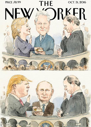 Октябрьский номер все того же «Нью-Йоркера» был предсказуемо посвящен грядущим (на тот момент) выборам в США. Издание иронично предположило: если победит Хиллари, то Библию, на которой клянутся президенты, будет держать Билл Клинтон, если же победит Трамп, то в этой роли окажется Путин 