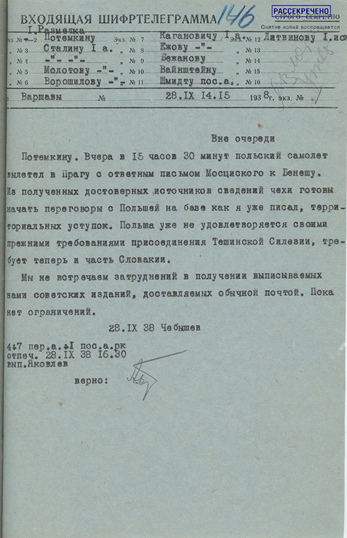 Шифртелеграмма 1-го секретаря полпредства СССР в Польше Н.И.Чебышева в НКИД СССР о готовности Чехословакии начать переговоры с Польшей о территориальных уступках. 28 сентября 1938 г.