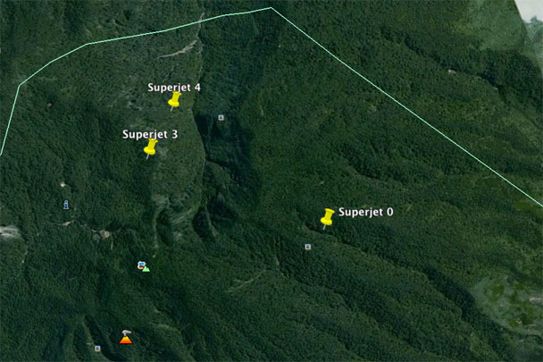 Точки Superjet 4 и 3 - это последние точки с радара. Нашли его в точке Superjet 0. Расстояние 1,4 км