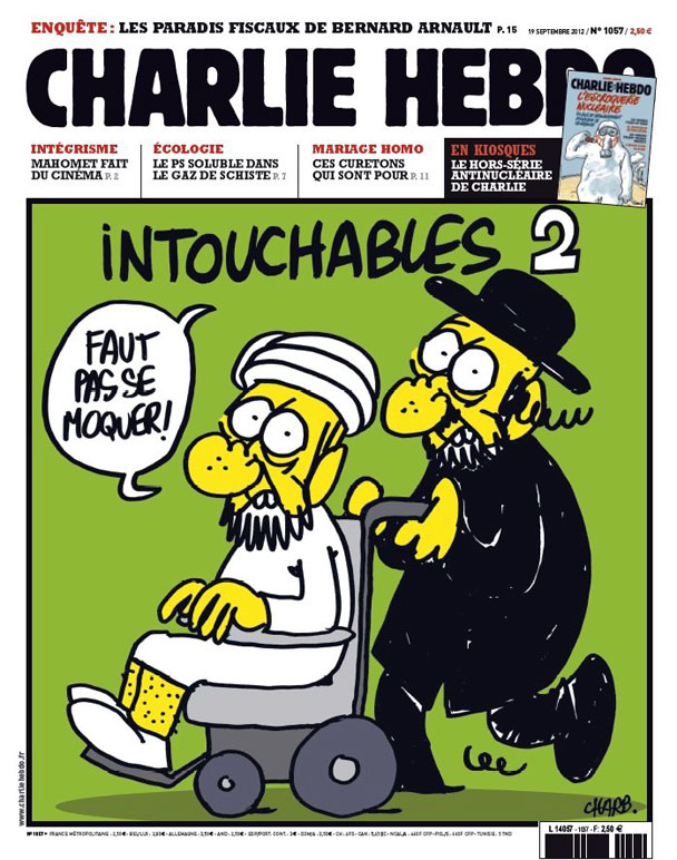 Вышедший в среду номер французского журнала «Шарли эбдо» с карикатурами на мусульман и пророка Мухаммеда побил рекорды продаж. Французский еженедельник опубликовал на обложке журнала имама на инвалидной коляске, которую везет ортодоксальный иудей. Имам при этом говорит: «Ничего смешного», а рядом расположена надпись «Неприкасаемые-2» - это пародия на французский фильм «Неприкасаемые» об инвалиде и его темнокожем помощнике. В самом журнале содержатся карикатуры с обнаженным пророком Мухаммедом. Власти Франции опасаются, что публикация подобных материалов изданием может спровоцировать новую волну беспорядков