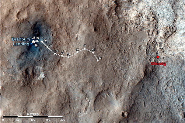 Маршрут, пройденный Curiosity с момента приземления на Красной планете. Область Гленелг кратера Гейла является первым крупным пунктом назначения марсохода