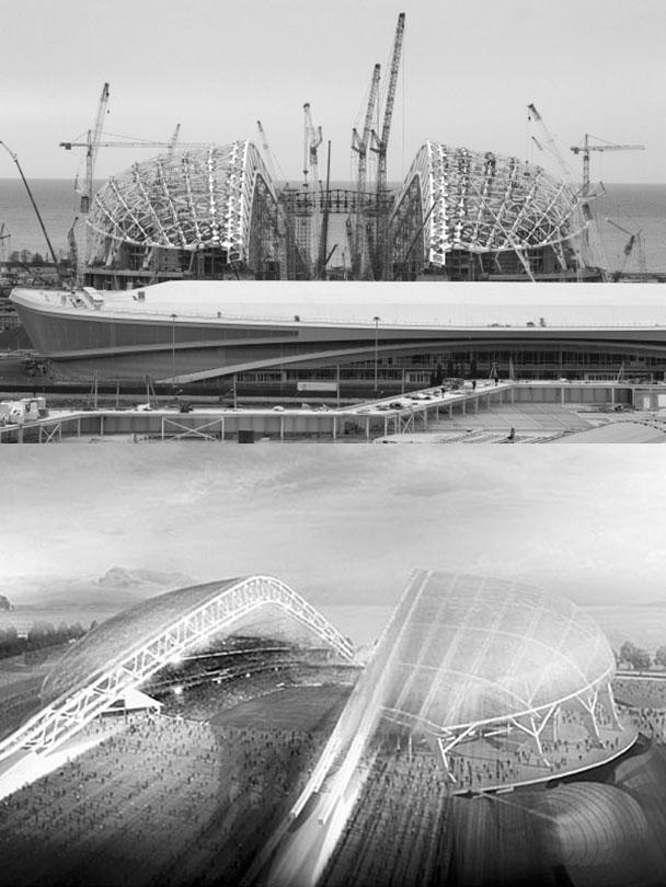 Скандал вокруг возмущения Владимира Путина по поводу задержек со сдачей и удорожания олимпийских объектов дает повод показать, как должны выглядеть сочинские стадионы и как они выглядят сейчас, ровно за год до начала Игр. На данном фото – олимпийский стадион «Фишт»
