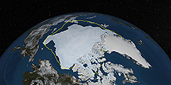 Ученые из НАСА обнаружили, что скорость таяния арктических льдов происходит заметно быстрее расчетов. На изображении желтым показаны границы ледяного покрова тридцатилетней давности. По мере таяния его белый светоотражающий лед заменяется относительно темной поверхностью океана. Это уменьшает количество солнечного света, отражающегося обратно в космос, в результате чего Земля поглощает большее количество солнечной энергии