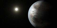 На официальном сайте НАСА появилось сообщение о том, что с помощью спутника-телескопа «Кеплер» удалось обнаружить первую экзопланету, которая по своим характеристикам близка к Земле и, главное, расположена в «обитаемой зоне». На фото – реконструкция того, как могла бы выглядеть эта планета