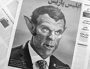 Карикатура на Макрона на передовице иранской газеты Vatan-e-Emrooz («Родина сегодня») с заголовком «Парижский иблис» (дьявол)