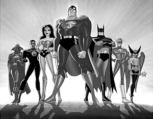 «Лига справедливости»: марсианин Джонн Джонзз, Зеленый Фонарь, Чудо-женщина, Супермен, Бэтмен, Вспышка и Орлица