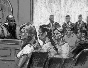 На рисунке, сделанном в зале суда, обвиняемые, условно называемые «Анна Чапман», «Вики Пелаез», «Ричард Мерфи» (на втором плане), «Синтия Мерфи» и «Хуан Лазаро»