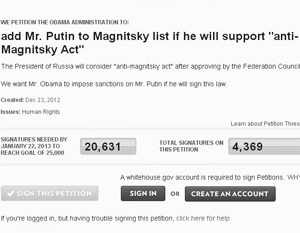 Петиция о внесении Путина в «список Магнитского» появилась на сайте Белого дома