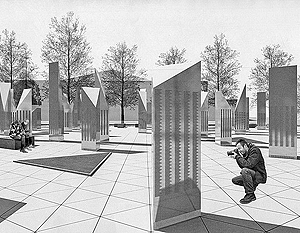 Так выглядит проект монумента, который может быть воздвигнут на том месте, где стоял «Бронзовый солдат». Каждый столб (их предполагается более 50) будет содержать две тысячи фамилий репрессированных жителей Эстонии