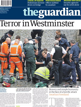 Британские и мировые СМИ посвятили обложки и передовицы вышедших в четверг номеров теракту в Лондоне, где террорист-одиночка на автомобиле совершил наезд на пешеходов на тротуаре Вестминстерского моста, а затем ударил ножом полицейского