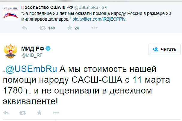 МИД иронично ответил на твит посольства США о помощи России