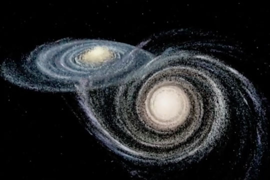 Роскосмос создал модель столкновения Млечного Пути с галактикой Андромеды (видео)